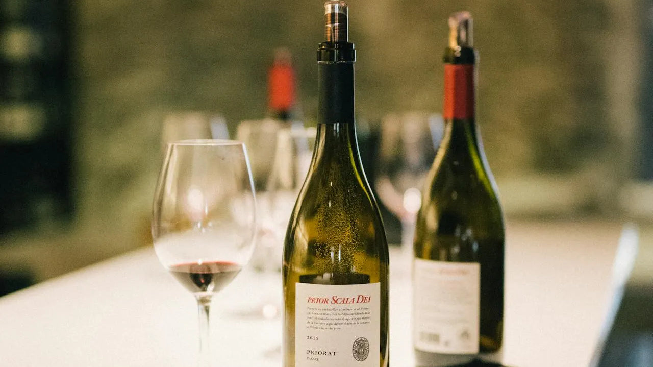 Åbne vinflasker og et glas rødvin står på et bord i et dæmpet, hyggeligt rum, klar til at blive nydt.