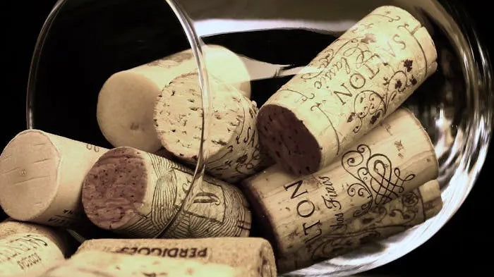 Vinglas liggende på siden med flere vinpropper spredt ud foran på en mørk overflade. Billedet illustrerer elementer, der er tæt forbundet med vinoplevelsen, hvor propperne i glasset symboliserer tidligere nydte vine