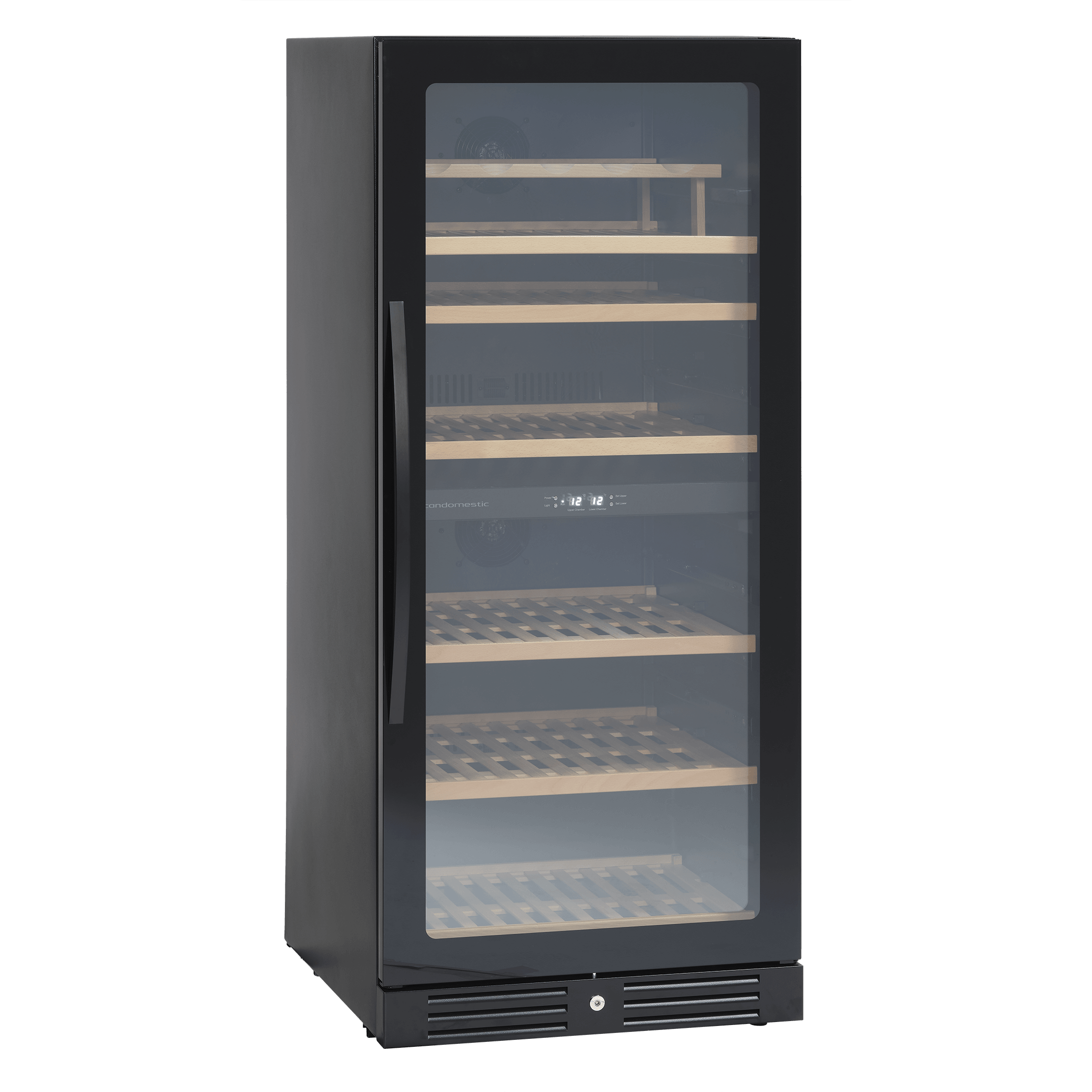 Et vinkøleskab fra Scandomestic i modellen SV104. Døren er lukket. Den har plads til 90 flasker og har 2 zoner