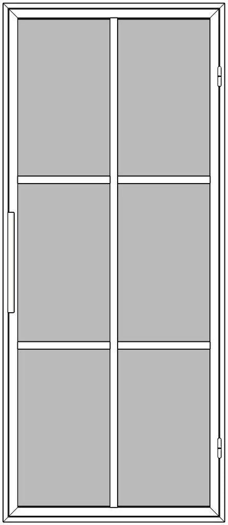 NEU termodør med magnetlukning, stanggreb og sprosser, designet med seks felter. Døren har et moderne og elegant udseende, ideel til både bolig og erhverv. Den er robust og praktisk med en slank profil, der passer ind i forskellige arkitektoniske stilarter.