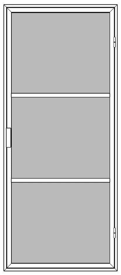 NEU termodør med magnetlukning, vinkelgreb og sprosser, designet med tre felter. Døren kombinerer funktionalitet og æstetik med en enkel, men stilfuld opdeling