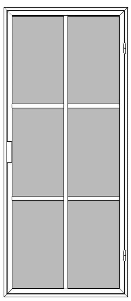 NEU termodør med magnetlukning, vinkelgreb og sprosser, designet med seks felter. Døren har et moderne og elegant udseende, kombinerer praktisk magnetlukning og ergonomisk vinkelgreb, ideel til forskellige indretningsstile.