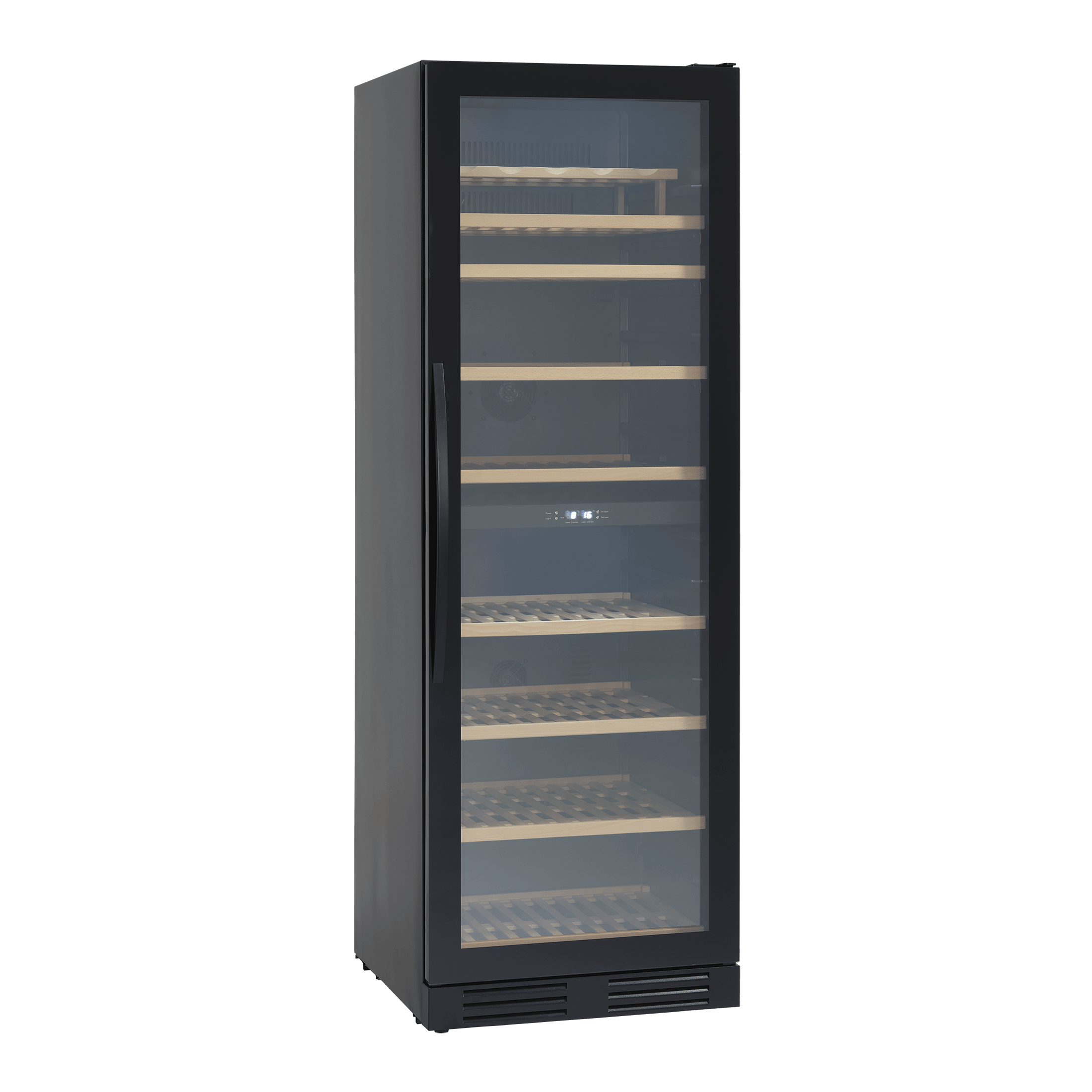 Scandomesic vinkøleskab i modellen SV124B med en lukket glasdør. Har 2 kølezoner og plads til 126 flasker