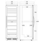 Sort skitsetegning af vinkøleskabet - med mål fra siden og forfra