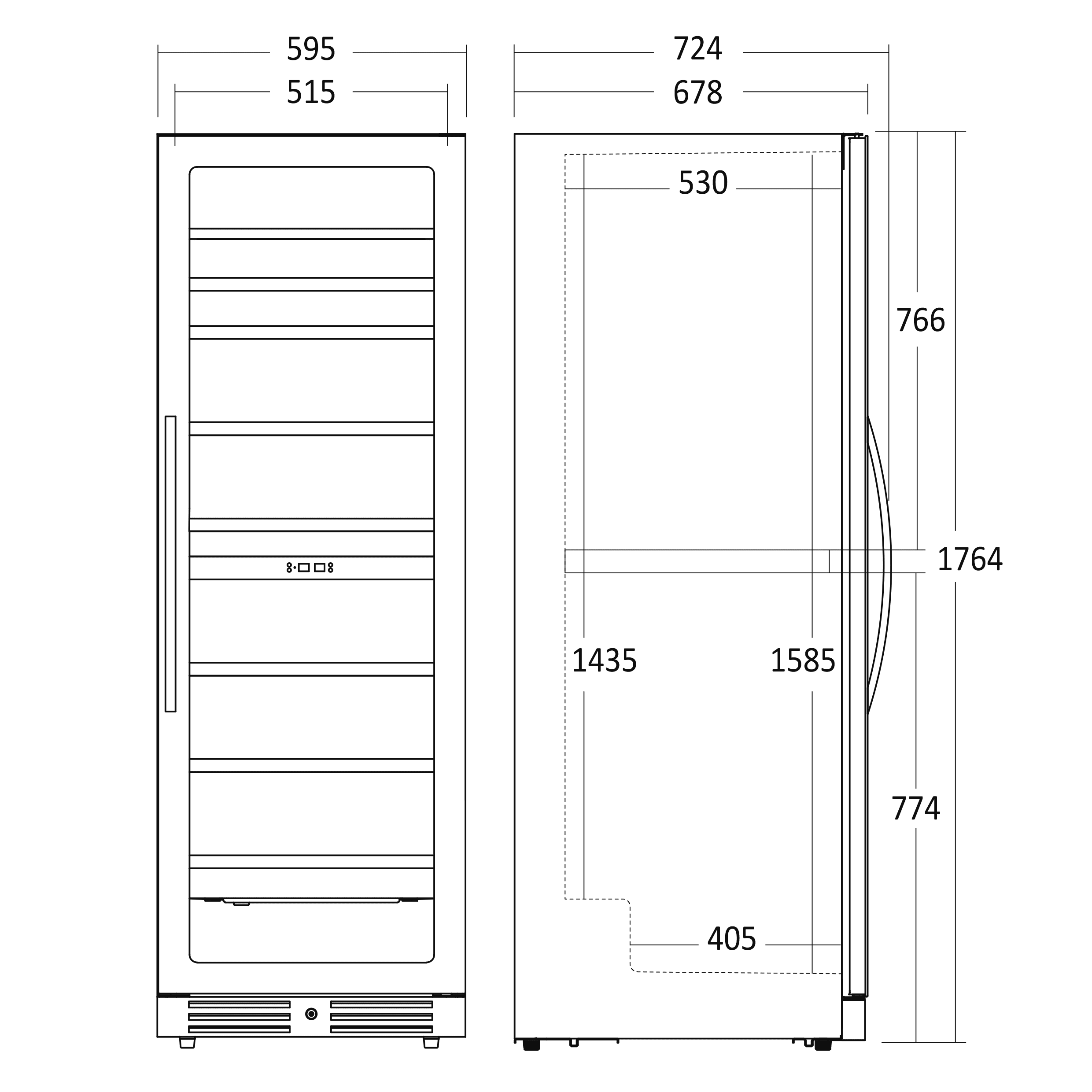 Sort skitsetegning af vinkøleskabet - med mål fra siden og forfra