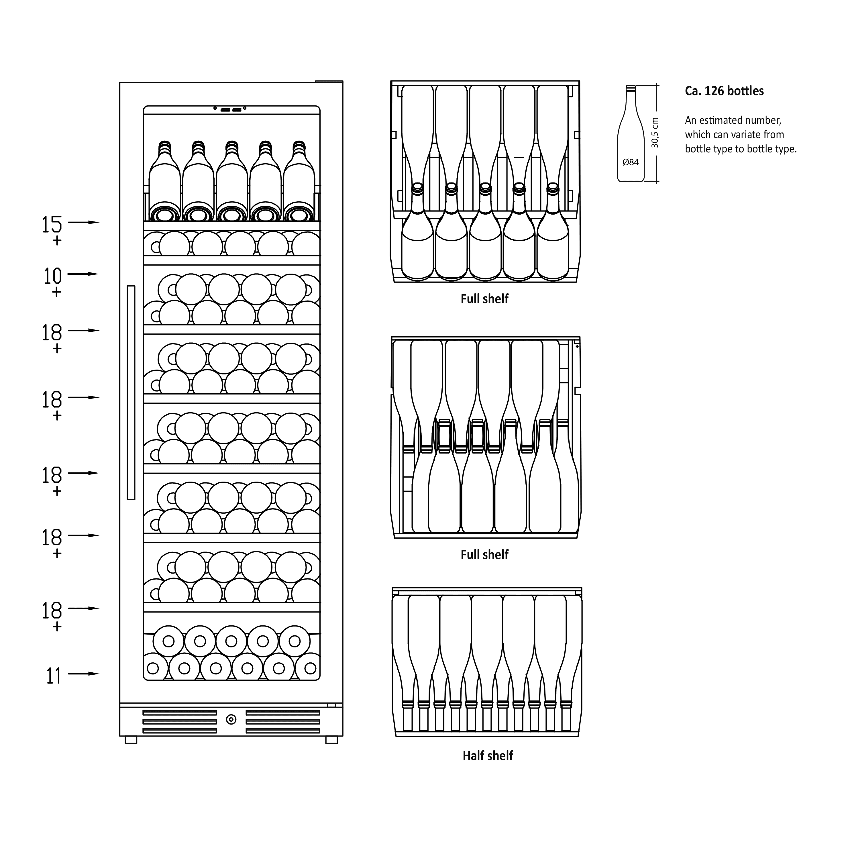 skitsetegning i sorte streger af Scandomestic vinkøleskabet i model SV111B - skitsetegninger indefra