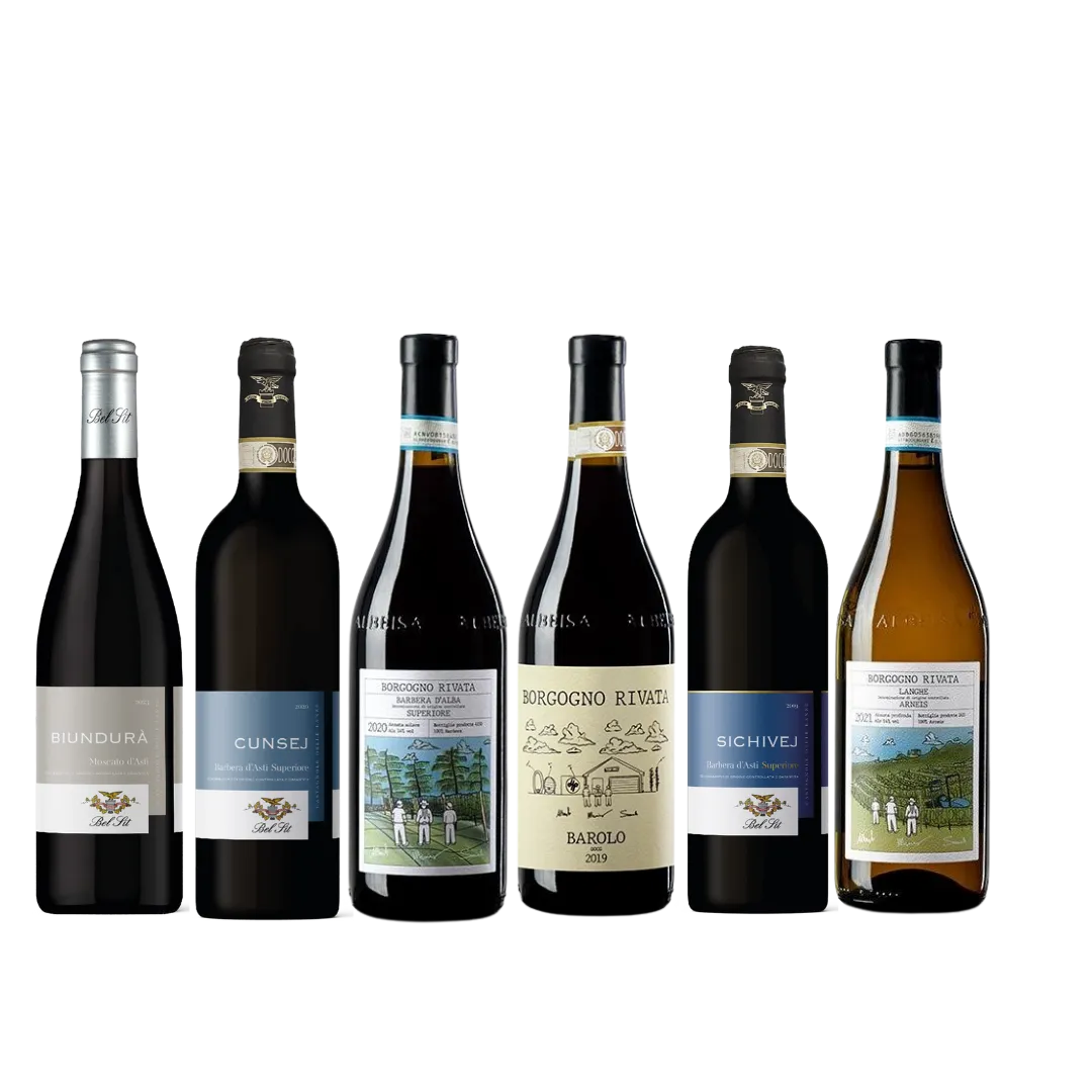 Smagekasse med seks forskellige vine fra Piemonte, inklusive både røde og hvide vine.