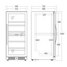 To skitsetegninger af SV104B vinkøleskabet. Et forfra og et fra siden