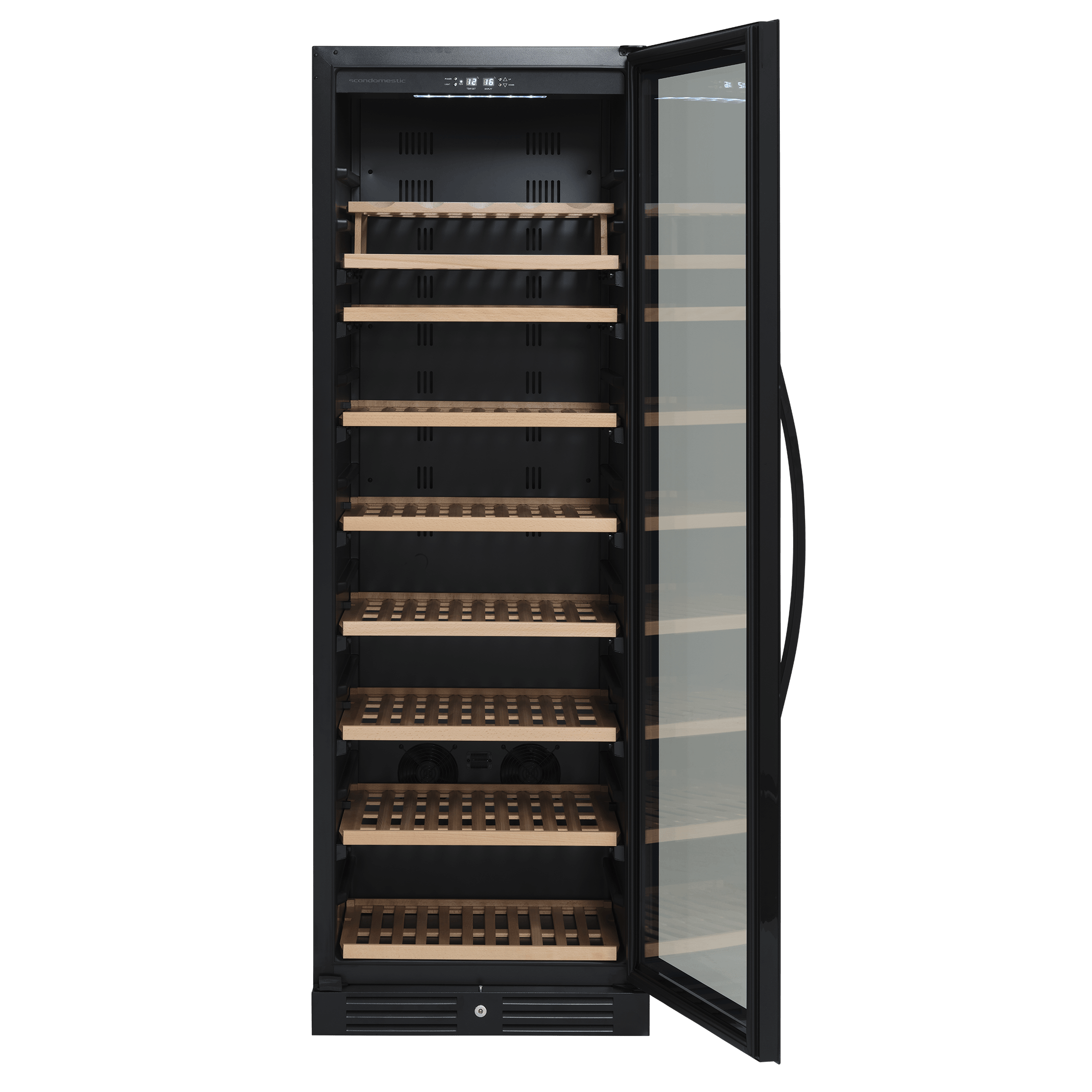 Vinkøleskab SV111B med en åben glaslåge og ingen vinflasker i