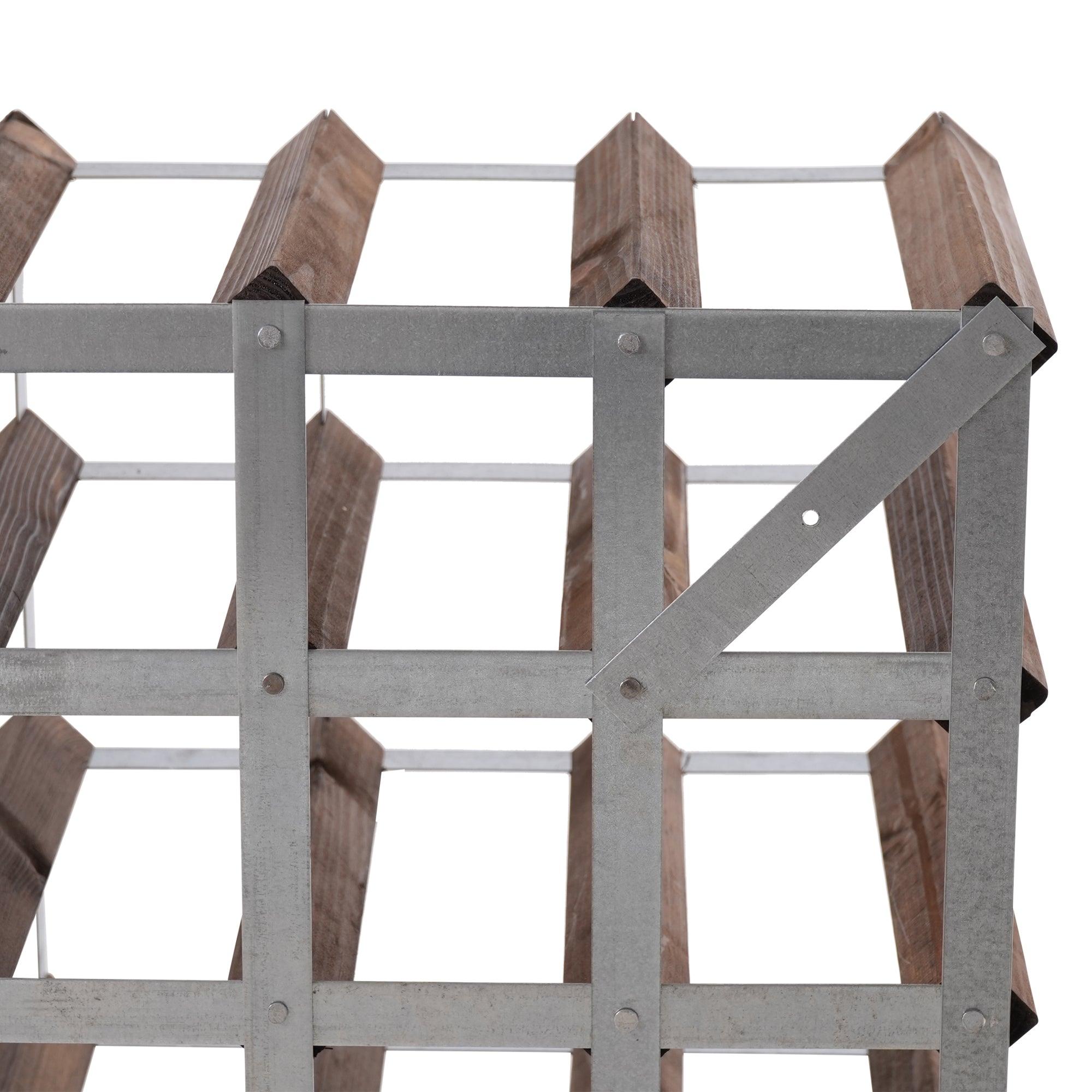 bagbeklædning på en mørk egetræs vinreol som er færdigsamlet og har plads til 9 flasker