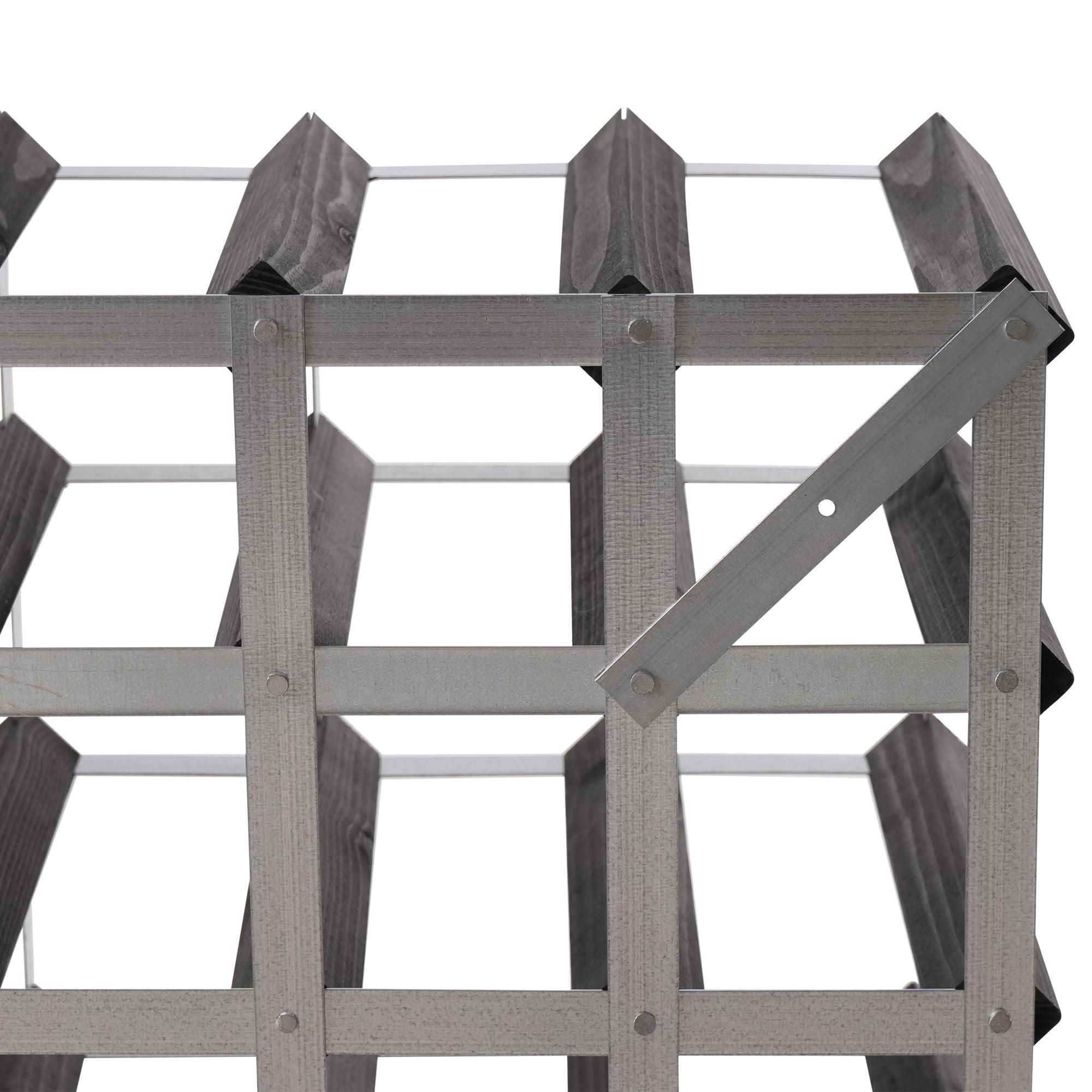 Den grå bagbeklædning på den sorte ask vinreol med plads til 30 flasker og færdigsamlet