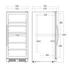 Skitsetegning af Scandomestic vinkøleskab SV104X - Sorte streger og mål. Skitsetegning af siden og forfra