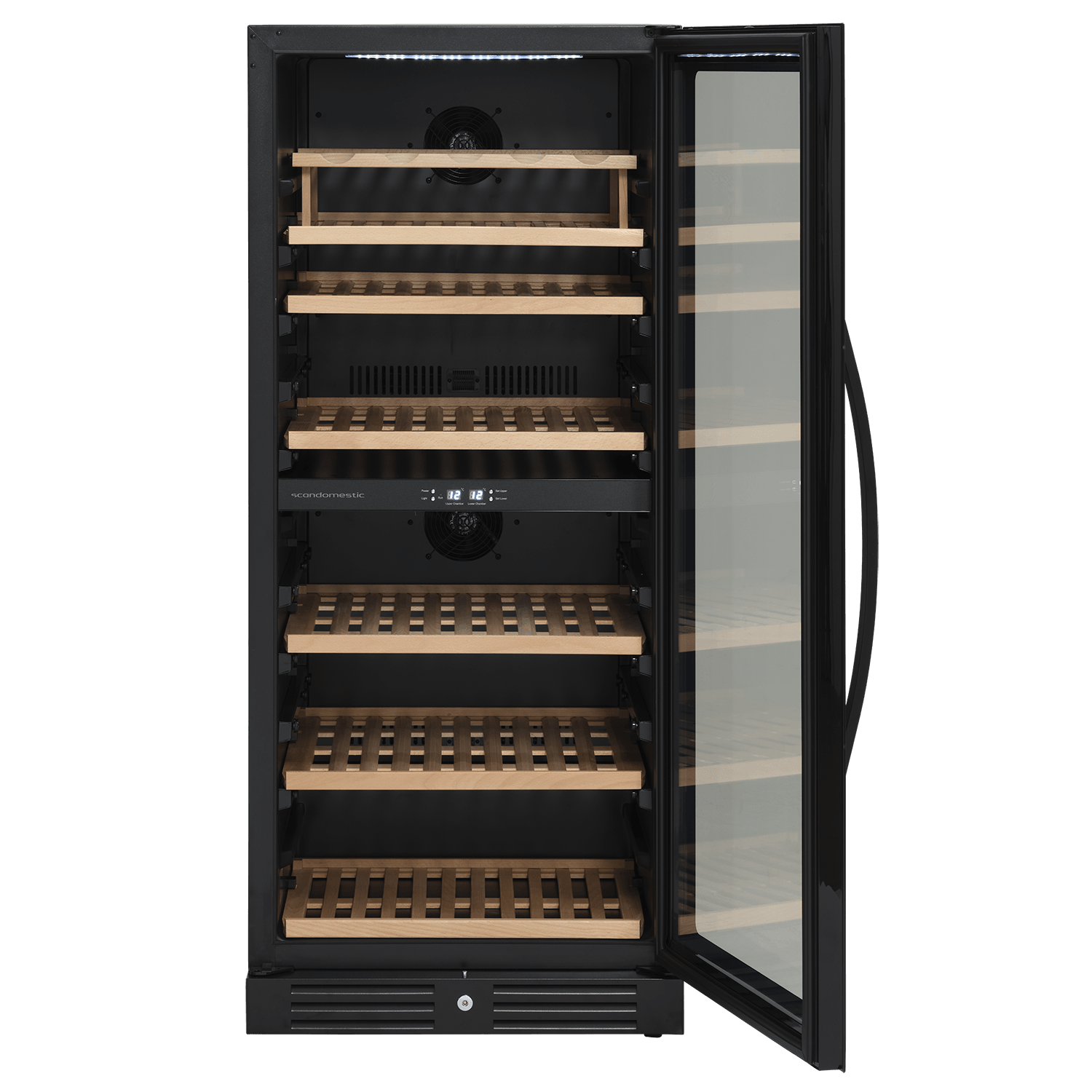 Et åbent vinkøleskab forfra fra Scandomestic i modellen SV104. Den har plads til 90 flasker og har 2 zoner