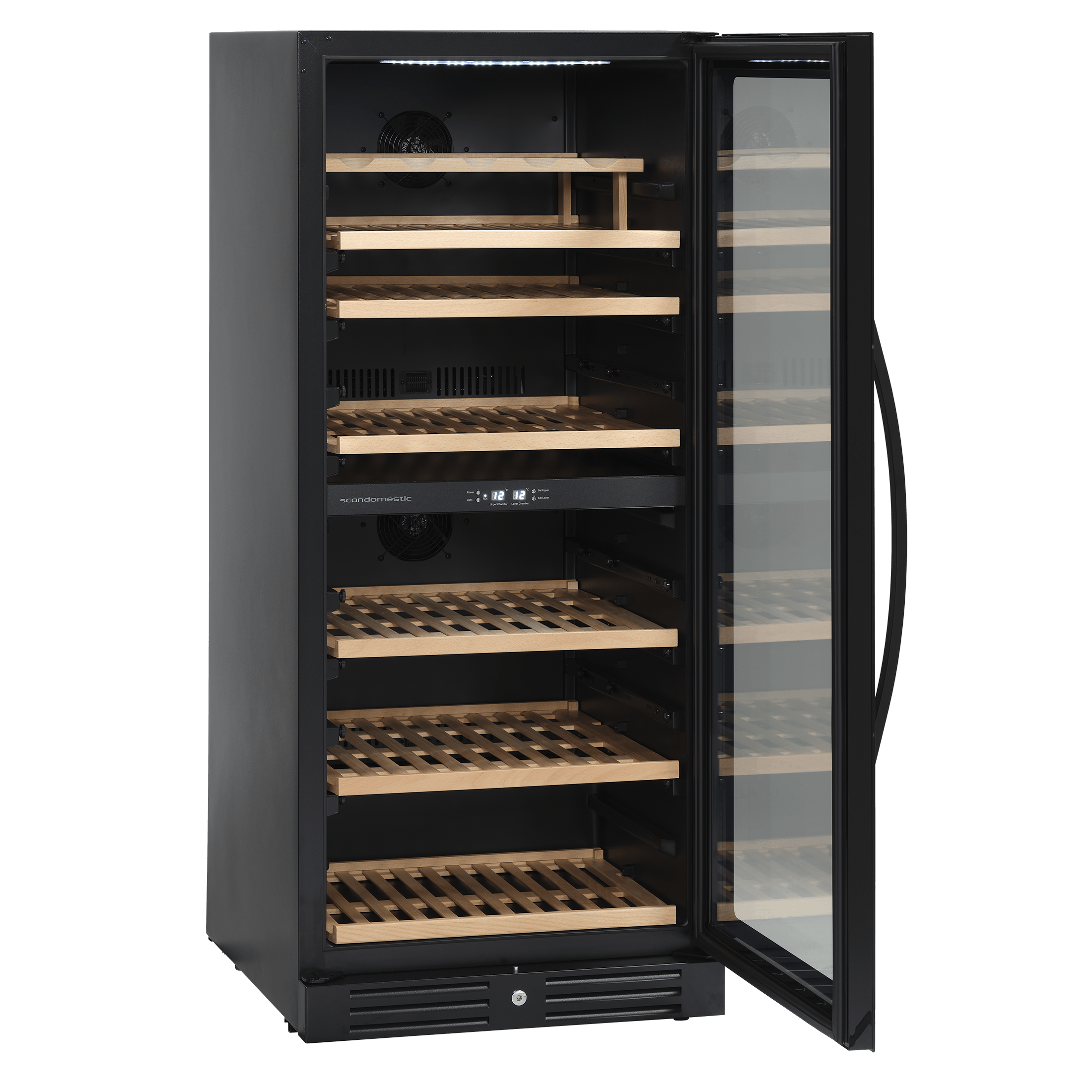Et åbent vinkøleskab fra Scandomestic i modellen SV104. Den har plads til 90 flasker og har 2 zoner