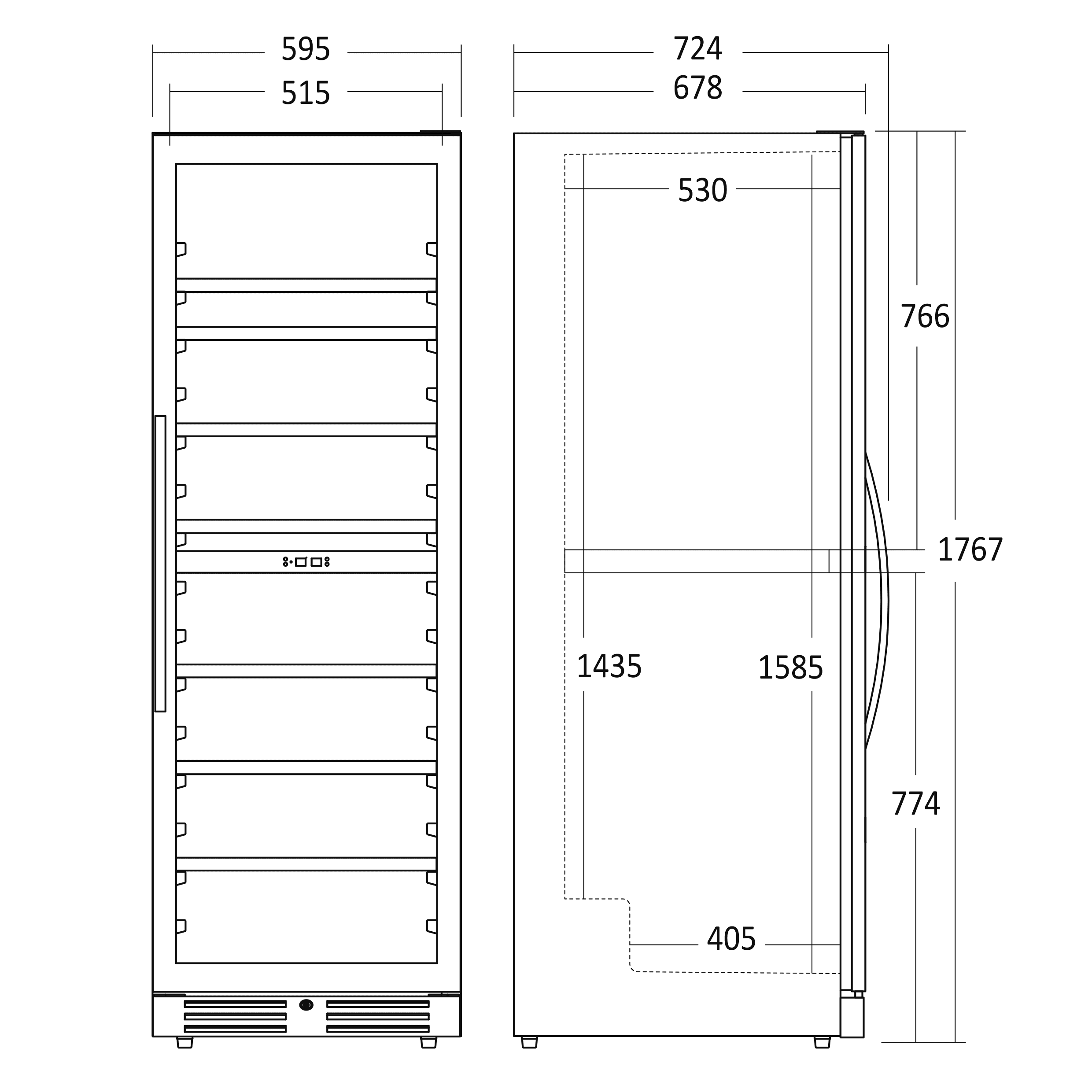 skitsetegning af vinkøleskabet SV124X forfra og fra siden